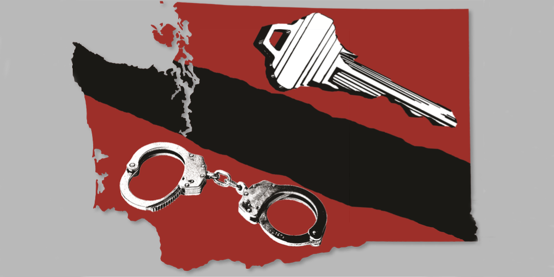 Photo collage of handcuffs and keys over Washington State's outline.