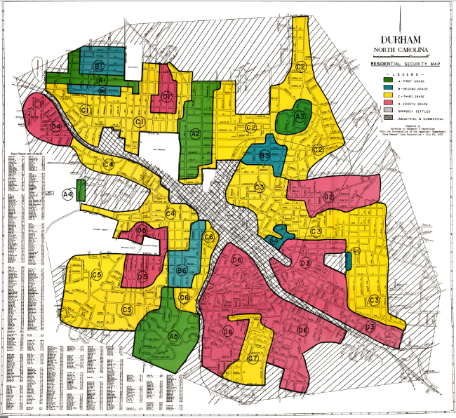 FHA Map of Durham, NC showing how black neighborhoods were denied loans by the process of "redlining"