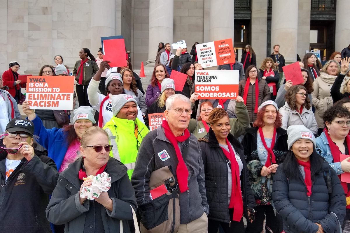 YWCA advocates on the steps of the Capitol Building in Olympia for HHAD 2020