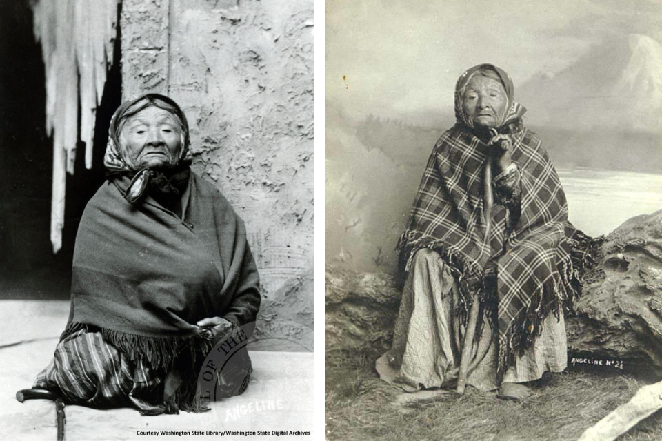 Two photos of Princess Angeline sitting, wrapped in a shawl