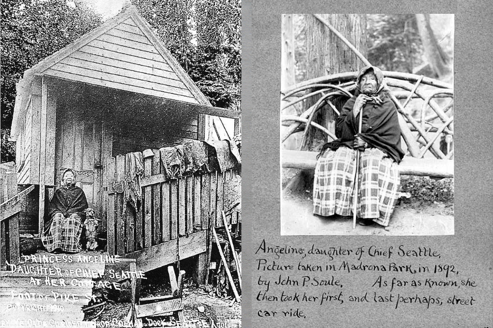 Black and white photos of Princess Angeline; one in front of her cabin, the other sitting on a wooden bench