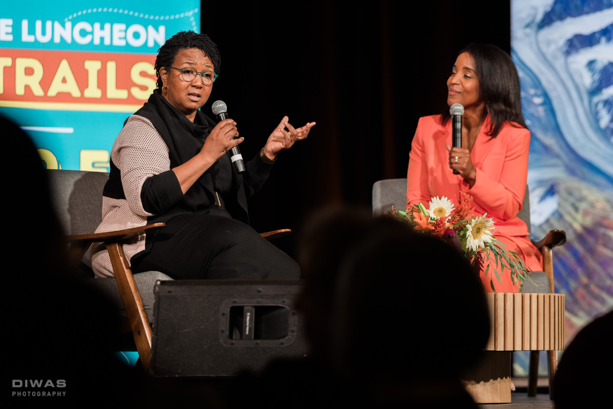 A photo of Dr. Mae Jemison and Angela Poe Russel