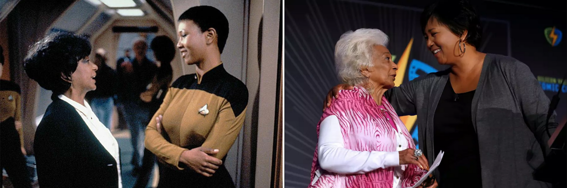 Two photos of Nichelle Nichols with Dr. Mae Jemison