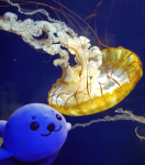 A photo of a seal plushie in blue lighting in front of a yellow jellyfish.